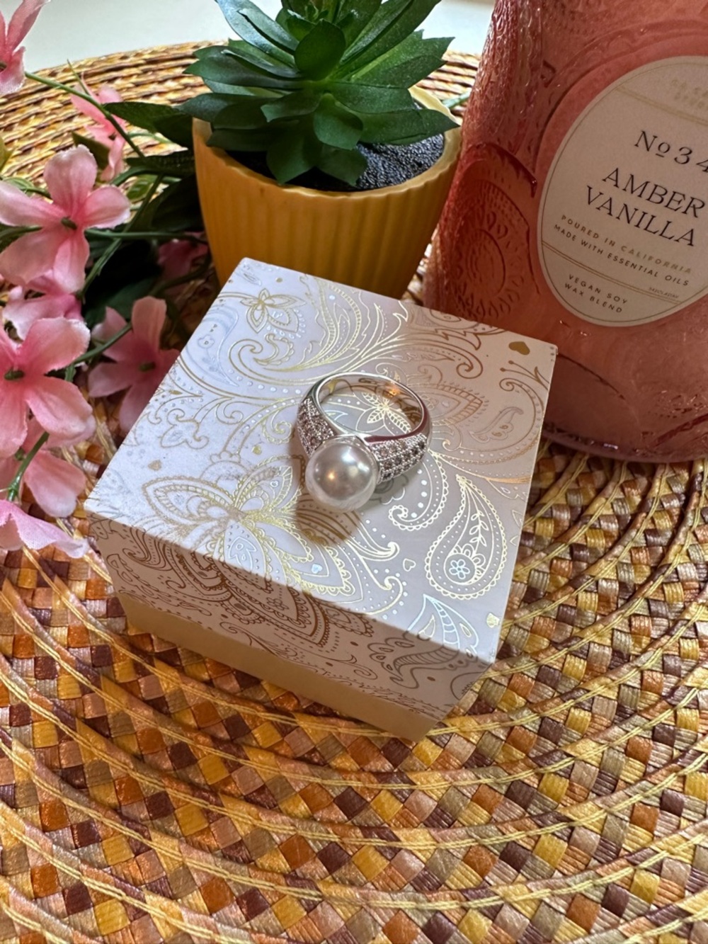 Charter Club Silver Ring with White Pearl and Clear Stones